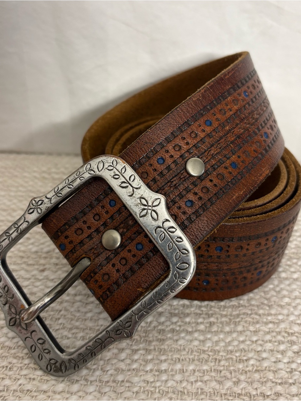 Men's Brown Leather Studded Belt with Decorative Buckle